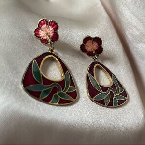 Cloisonne Enamel Pierced Earrings, Vintage Maroon and Green Leaf Design, 1980s